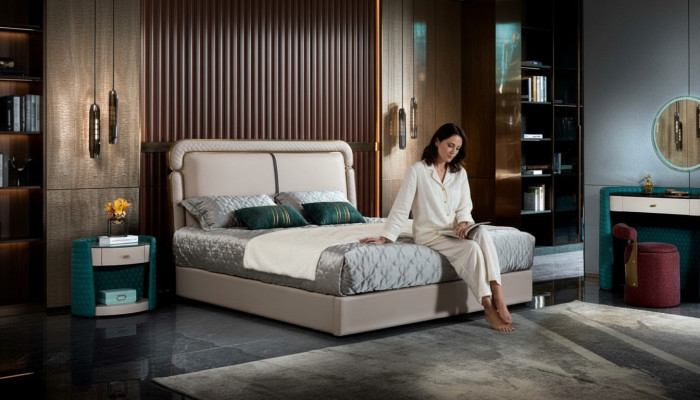 Bed Slaapkamer Beige Tweepersoonsbed Lederen bed Modern Design Meubels Hout