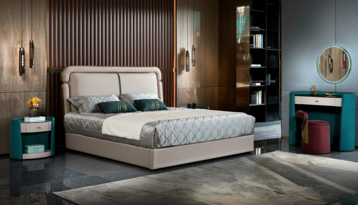 Bed Slaapkamer Beige Tweepersoonsbed Lederen bed Modern Design Meubels Hout