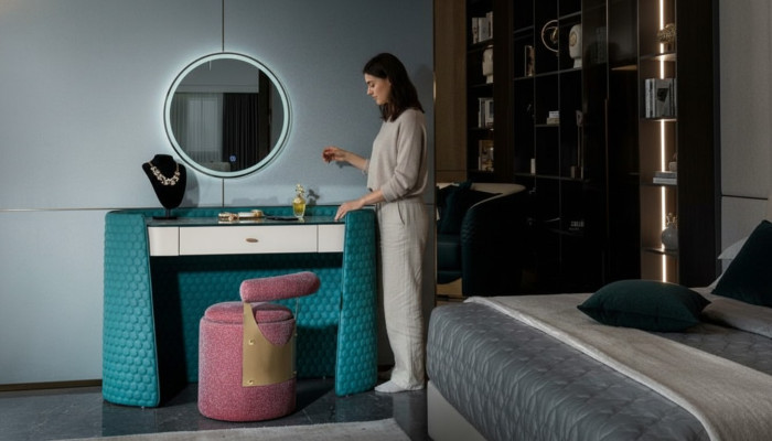 Kaptafel Turkoois Hout Leder Slaapkamer Consoletafels Design Make-up Luxe