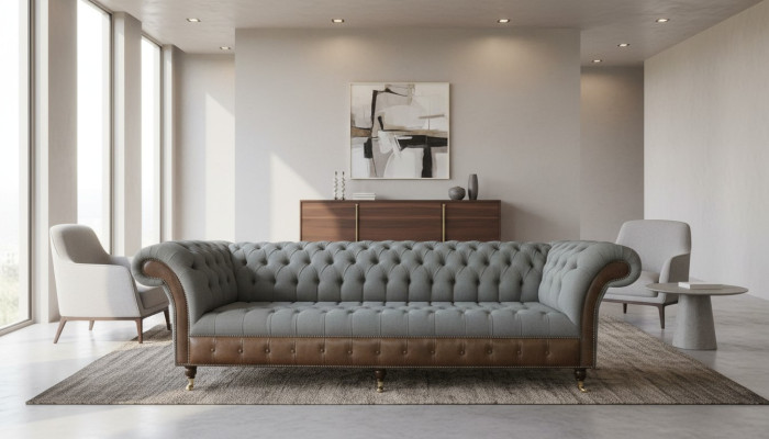 Chesterfield 4-zits grijze stoffen woonkamer design gestoffeerde bank Big Textile Furniture
