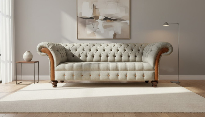 Chesterfield 3-zits Beige Woonkamer Design Banken Bekleding Bank Banken Textiel