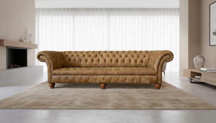 Chesterfield 4-zits Lichtbruin Modern Design Bank Leer Bankstel Creatief Meubilair