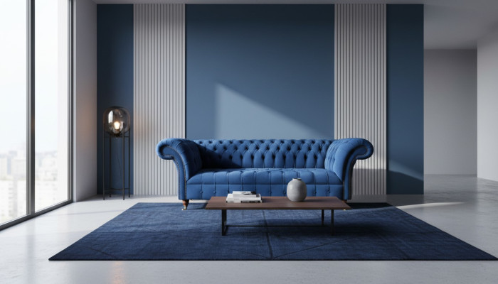 Chesterfield 3-zits Blauw Design Banken Bekleding Bankstellen Velours Stof Textiel Luxe