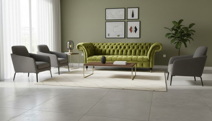 Chesterfield Groene driezits woonkamer designbank gestoffeerde bank textiel Nieuw