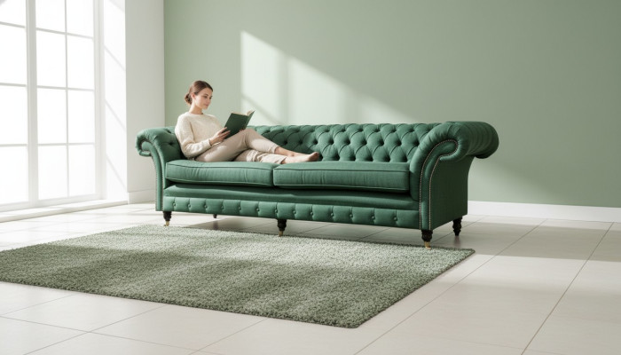 Chesterfield 4-zitter Donkergroene Woonkamer Designbank Grote Stoffen Bank