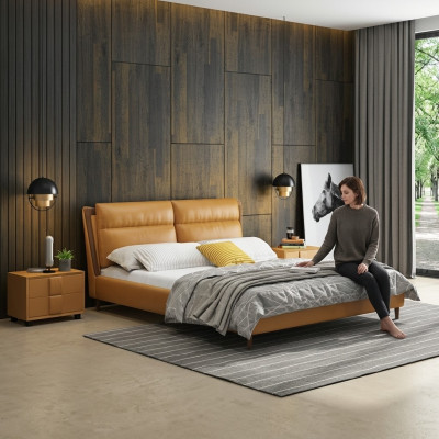Ontwerp lederen bed luxe gestoffeerde bedden tweepersoons slaapkamer 180x200 oranje meubels