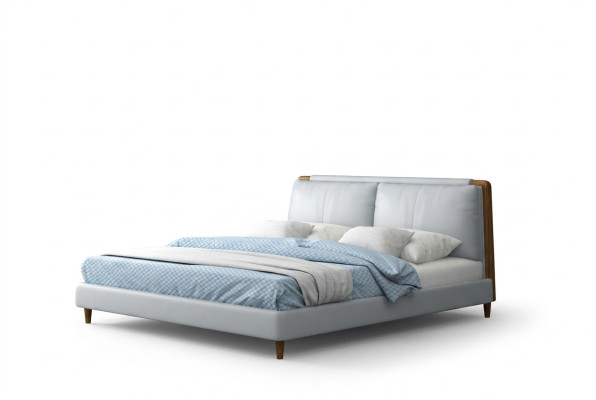 Moderne tweepersoonsbed van 180x200 in wit lederen design op houten poten.