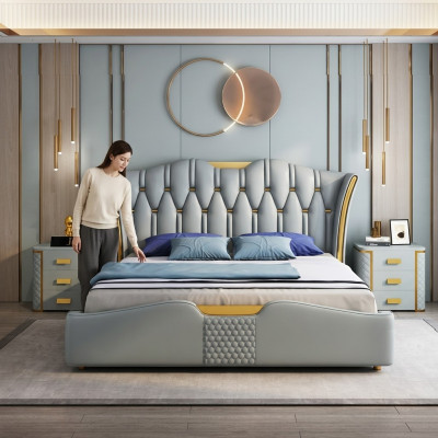 Groen slaapkamerbed met gestoffeerd design, dubbele hotelbedden van 180x200cm.