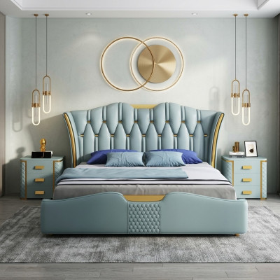 Groen slaapkamerbed met gestoffeerd design, dubbele hotelbedden van 180x200cm.