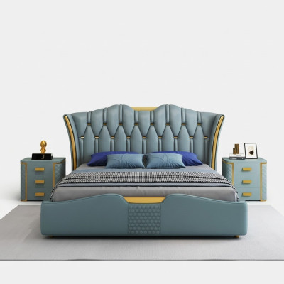 Groen slaapkamerbed met gestoffeerd design, dubbele hotelbedden van 180x200cm.