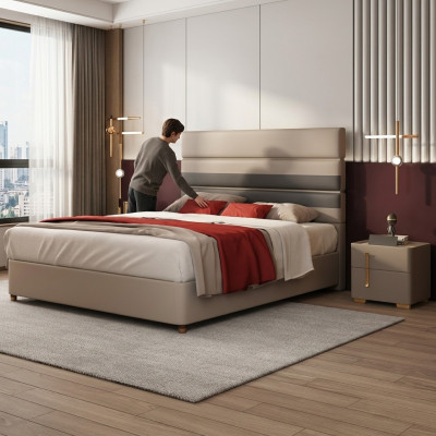 Leren gestoffeerd bed Bedden Hotel Luxe Designer Dubbelhuwelijk Slaapkamer Beige