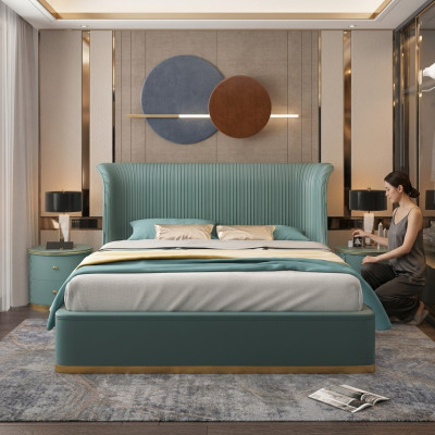 Luxe slaapkamer bed tweepersoonsbed textiel hout lederen gestoffeerde bedden 180x200 nieuw.