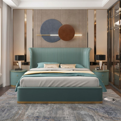 Luxe slaapkamer bed tweepersoonsbed textiel hout lederen gestoffeerde bedden 180x200 nieuw.