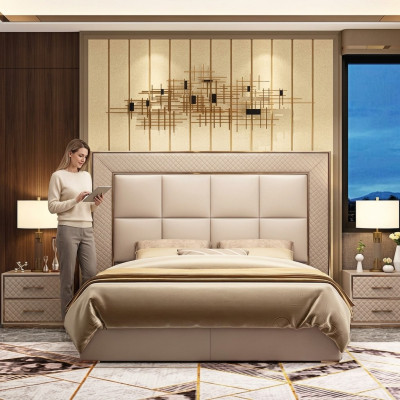 Klassieke gestoffeerde leren kunstlederen tweepersoonsbed luxe designbedden dubbel