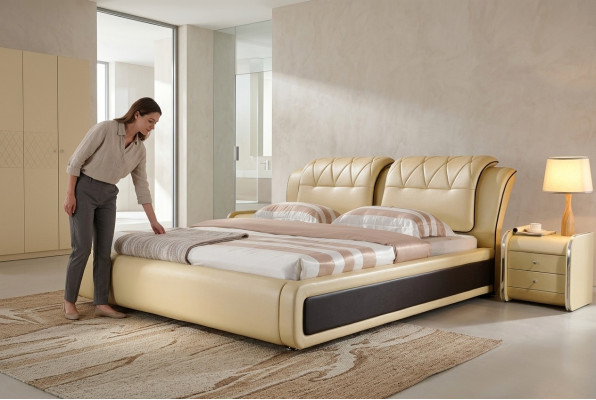 Luxe slaapkamer bed gestoffeerd design dubbele hotelbedden leren bed