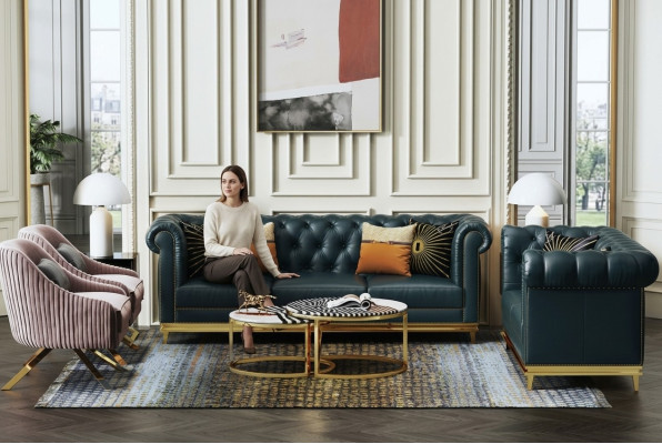 Donkerblauwe Chesterfield 3+2 bankstel bankstel banken gestoffeerde bankstellen