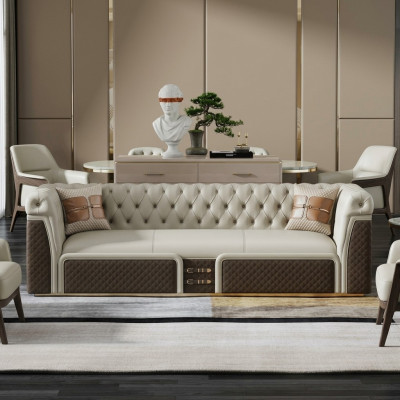 Bank Driepersoons Bankstel Stijl Modern Gestoffeerd Chesterfield Leer Bankstellen.