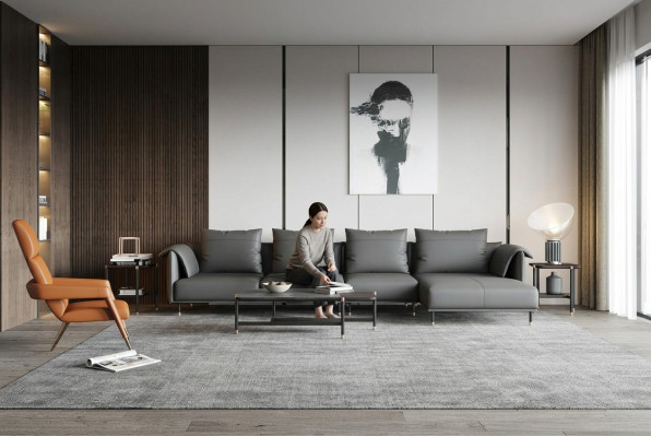 Hoekbankstel Bank Grijs Leren L-vorm Bankbankontwerp Bekleding