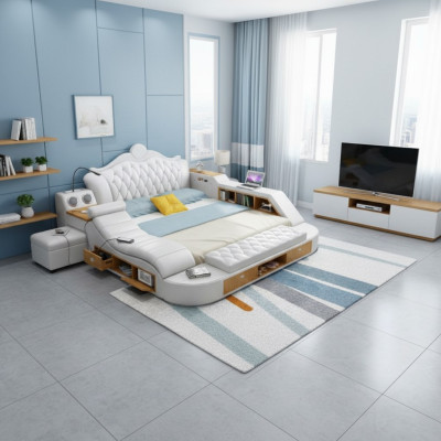 Tweepersoons luxe designbed gestoffeerde bedden 180x200 multifunctioneel leder Chesterfield