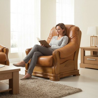 Fauteuil Tv houten fauteuil echt leer gestoffeerde zitting lounge clubmeubels nieuw