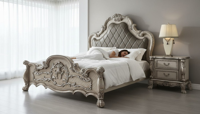 Luxe Barok Zilveren Tweepersoonsbed Ontwerp Hout 200x200cm Gestoffeerd Slaapkamer Nieuw