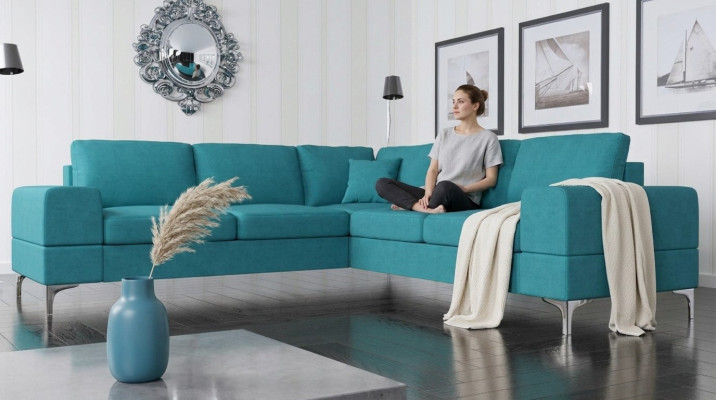 Bank hoekbank stof woonkamer ontwerp modern L-vorm turquoise meubels luxe banken