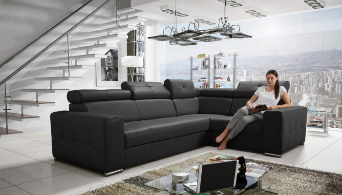 Hoekbank bank bekleding woonkamer leer L-vorm nieuw modern zwart design banken
