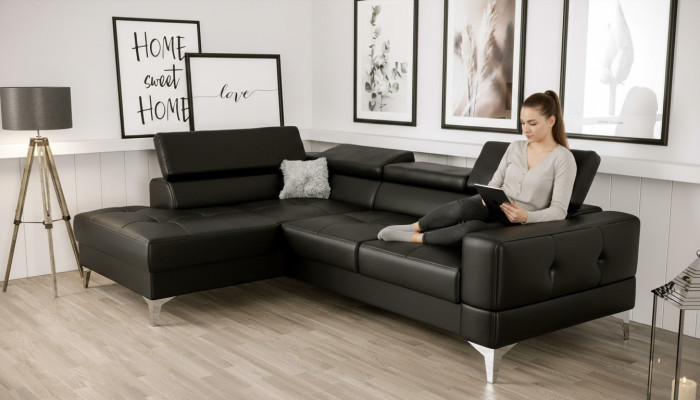 L-vormig meubelontwerp Zwart Leer Hout Nieuw Modern Luxe Italië Hoekbank Banken