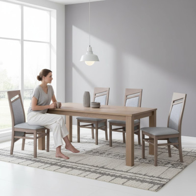 Eetkamerstoel met stoffen bekleding en houten structuur, set van 6 massief houten stoelen voor eetkamer of horeca.