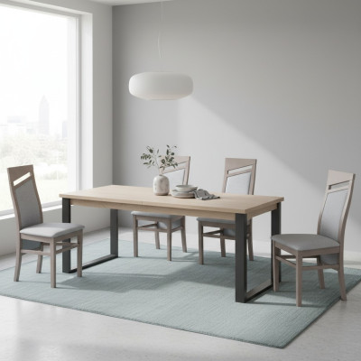 Eetkamerstoel met stoffen bekleding en houten structuur, set van 6 massief houten stoelen voor eetkamer of horeca.