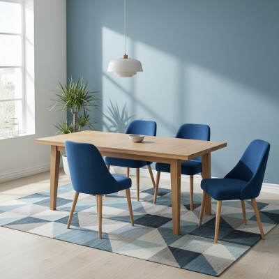 Elegante moderne houten eetkamermeubelset met 4 luxe nieuwe blauwe stoelen.