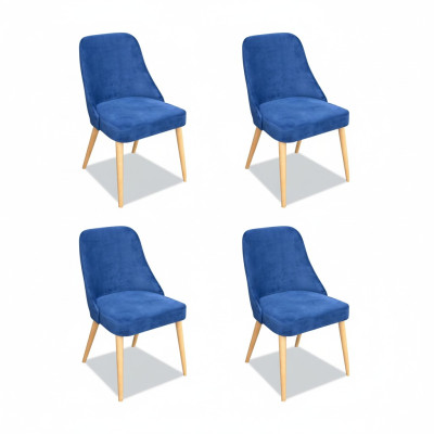 Elegante moderne houten eetkamermeubelset met 4 luxe nieuwe blauwe stoelen.