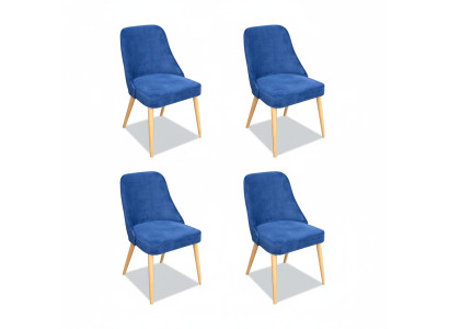 Elegante moderne houten eetkamermeubelset met 4 luxe nieuwe blauwe stoelen.