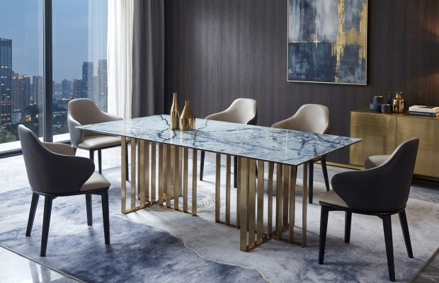 Ontwerp tafel roestvrij staal kantoor vergaderzaal eetkamer woonkamer marmer kleur meubels.