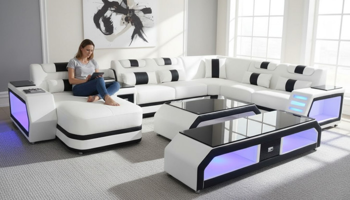 U-vormige moderne luxe woonlandschap bankstel hoekbank U-vorm bank kunstleer wit