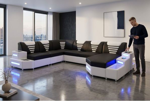 Ontwerp Moderne Bank Bank Hoekbank U-vorm leren bank Woonlandschap Hoekbank