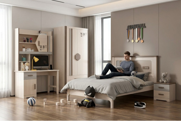Kinderkamer jeugdkamer set bed kledingkast nachtkastje bureau 4-delige.