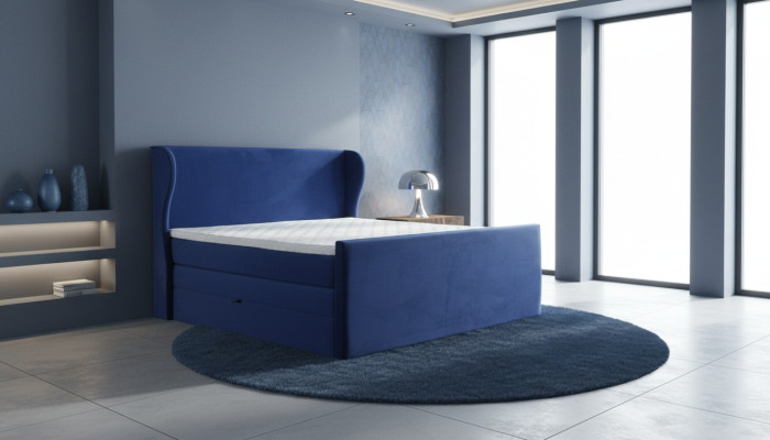 Designer-tweepersoonsbed in moderne stijl met minimalistische elementen.