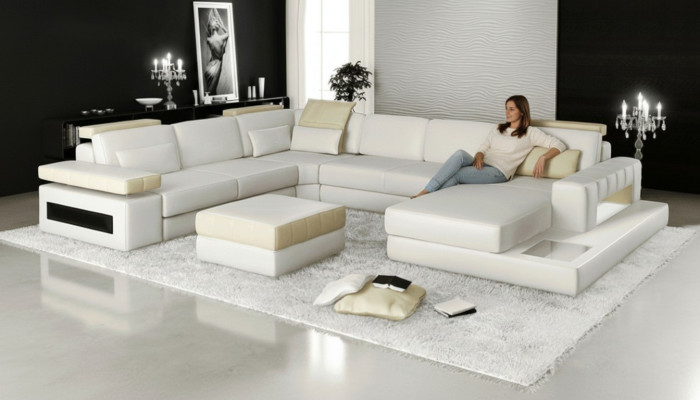 Grote U-vormige hoekbank bank bankstel bekleding leder textiel stof woonlandschap