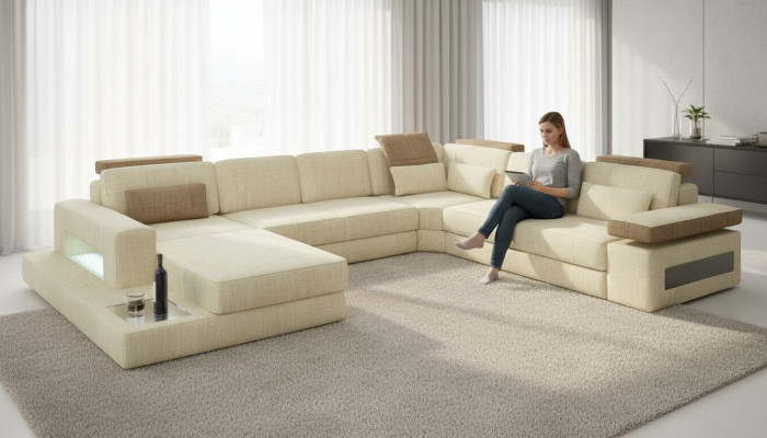 U-vorm bedfunctie bank ontwerp stoffen bekleding textiel hoek woonlandschap hoekbank stof