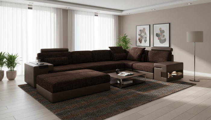 Moderne designer hoekbank L-vorm meubels stoffering textiel met voetenbank 2-delige set nieuw.