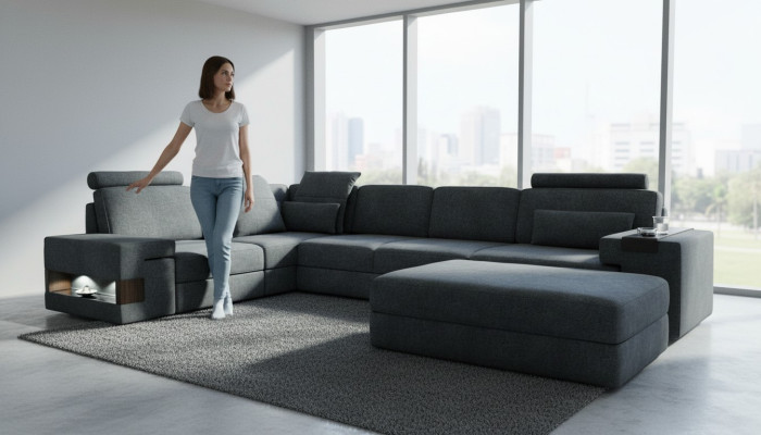 Design bank hoekbank met hocker gestoffeerde meubels woonkamer L-vorm modern luxe