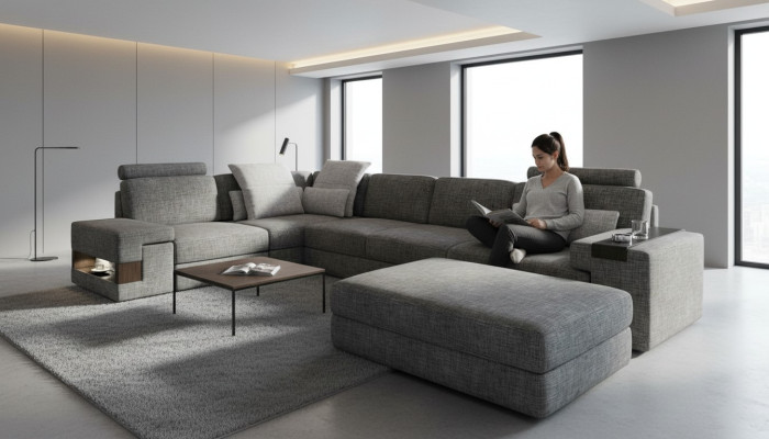 Woonkamer L-vorm modern elegant design bank hoekbank hocker meubels NIEUW