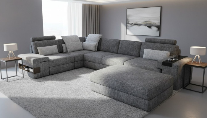 Woonkamer L-vorm modern elegant design bank hoekbank hocker meubels NIEUW