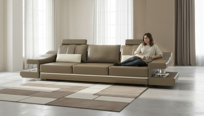 Moderne Designer Luxe bankstel 3-zits meubels gestoffeerd in bruin leer, grote banken.
