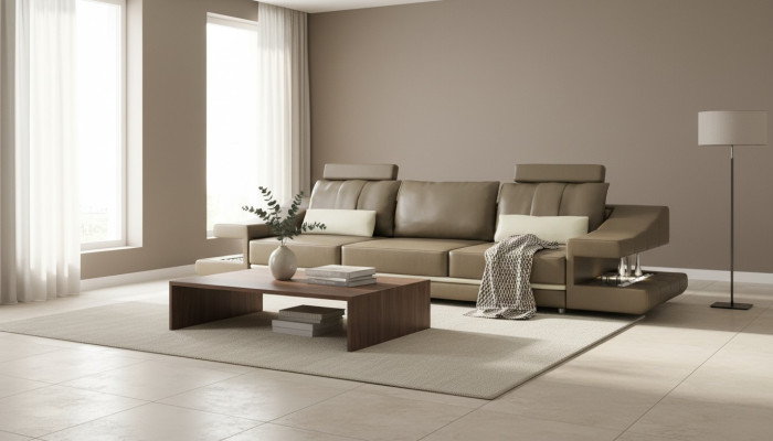 Moderne Designer Luxe bankstel 3-zits meubels gestoffeerd in bruin leer, grote banken.