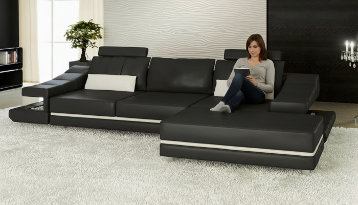 Moderne luxe design bank van leer, 3-zits met hocker voor in de woonkamer of kantoor, NIEUW.