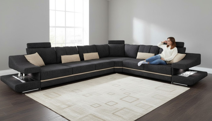 Woonkamer textiel Zwarte bank Bankstel L-vorm Zitschaduw Hoekbank Bank Meubels  Woonkamer textiel Zwarte sofa Bankstel L-vorm Zitzak Hoekbank Bank Meubelen
