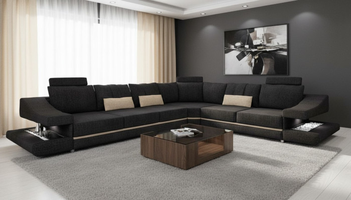 Woonkamer textiel Zwarte bank Bankstel L-vorm Zitschaduw Hoekbank Bank Meubels  Woonkamer textiel Zwarte sofa Bankstel L-vorm Zitzak Hoekbank Bank Meubelen