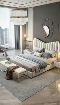 Moderne luxe bedden gestoffeerd in leer en textiel, hoogwaardig slaapkamerbed.